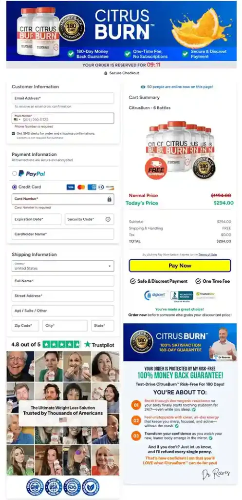 CitrusBurn secure checkout page payment form and order process